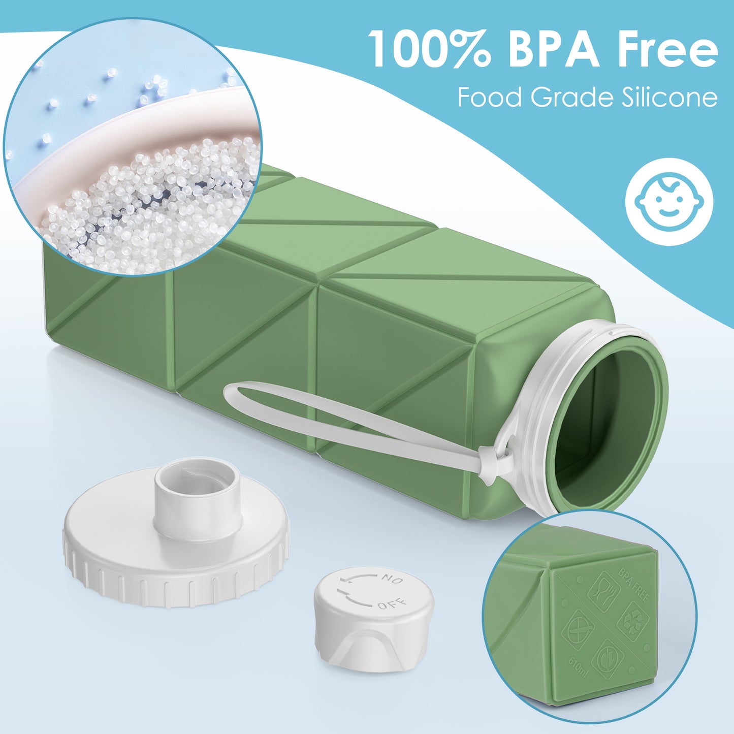 SH-15 1st Gen Square Foldable Water Bottle - Round Cap, Leakproof, Travel & Sports